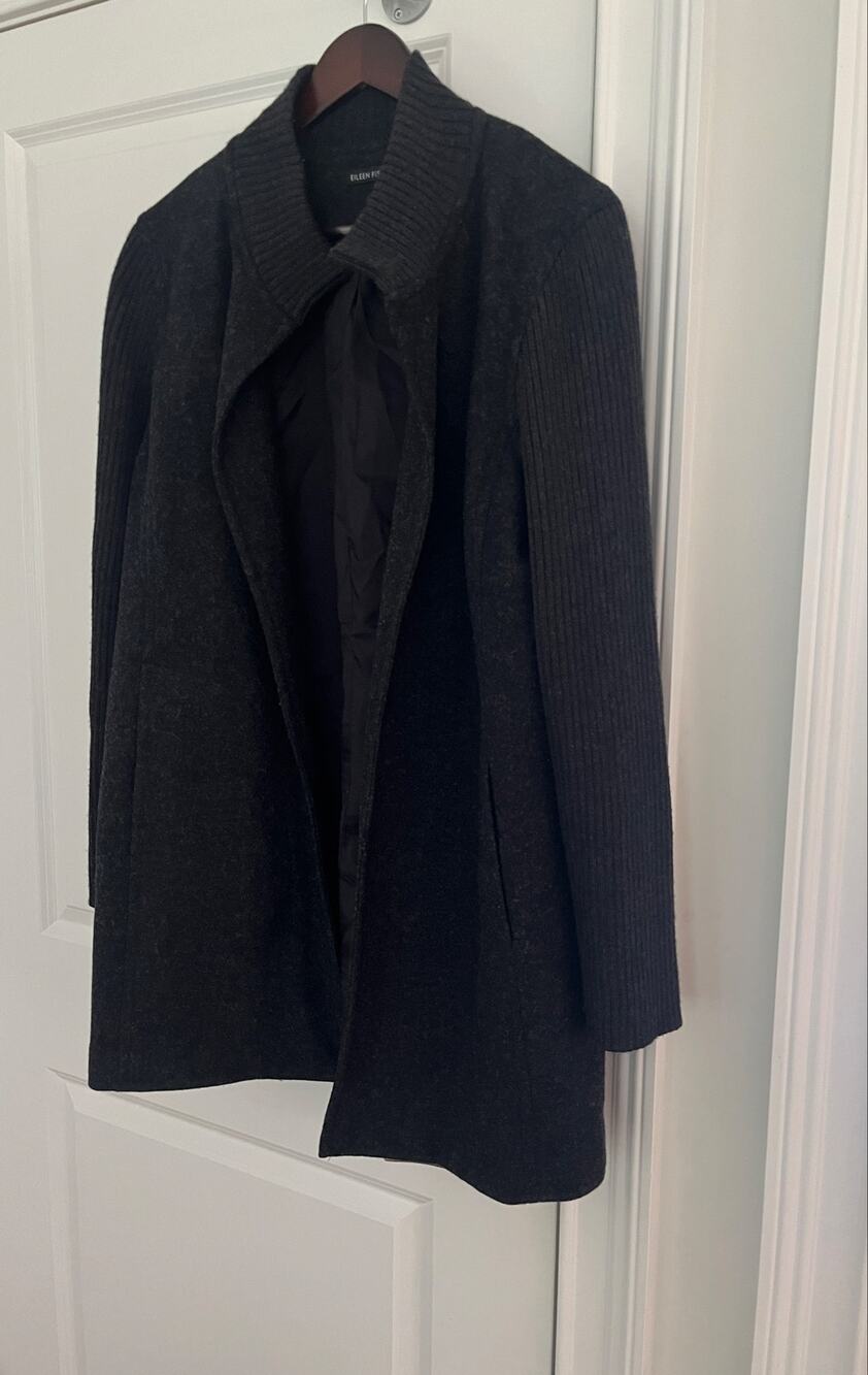 Eileen Fisher Mixed Media Boiled Wool Funnel Neck Coat Charcoal Gray Sz. L